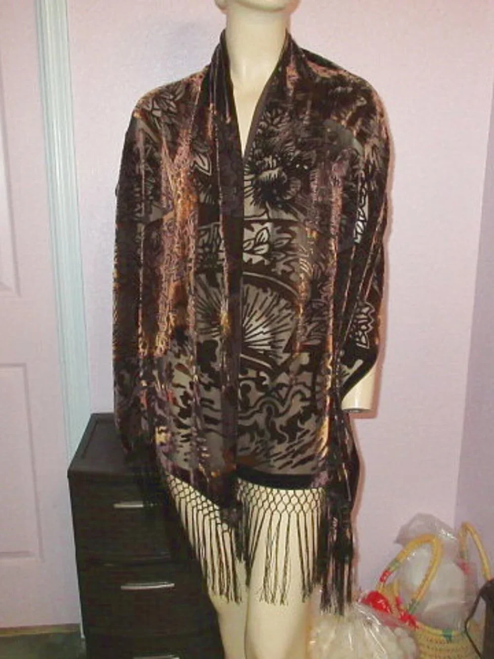 Vtg Velvet Burnout Scarf Sheer Luxurious Neck Wrap Shawl Poms Fringe Crochet EUC